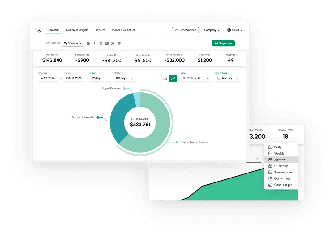 Analyze and plan your cash flow up to 3 years ahead using daily, weekly, monthly and quarterly perspectives.